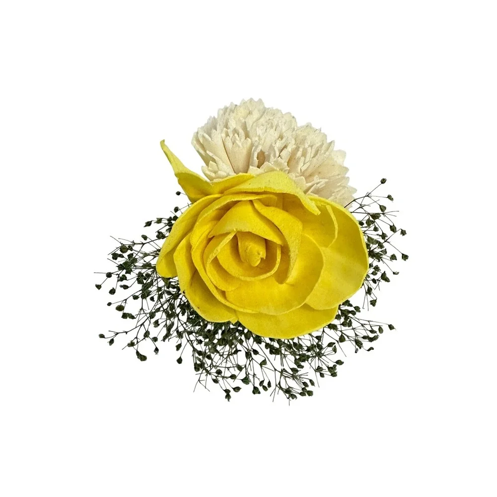 Sola Wood Flowers Boutonniere Yellow Cream Rose Dried Greenery Jute Wrapped Pin
